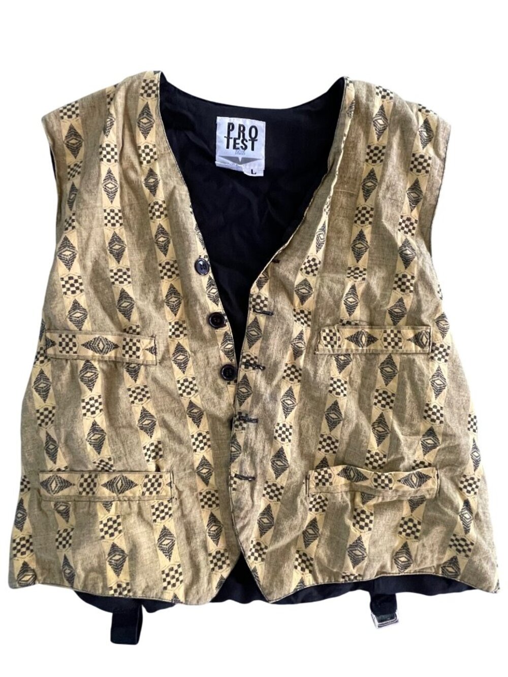 Vintage Protest Mens Tribal Print Vest With Adjustable Back Strap Button Front &